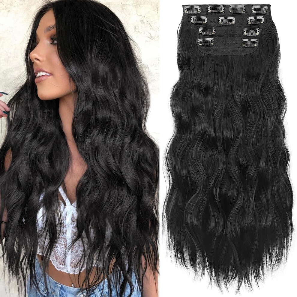 Unisex Black 24 Inch Long Wavy Clip In Synthetic Hair Extensions Double Weft Hairpieces For Women
