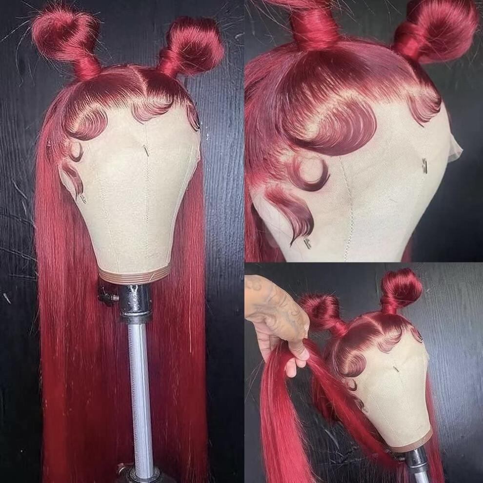 Unisex Black,Red 99J Burgundy Human Hair Wig 13X6 Hd Transparent Lace Front, 18 Inch Brazilian Straight Glueless Pre Plucked 150% Density For Black Women