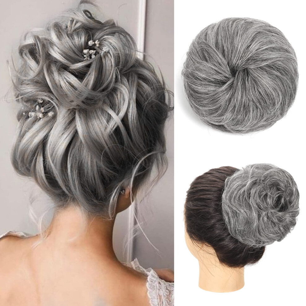 Silver Gray Human Hair Bun Extension, Natural Curly Messy Bun Hair Piece for Women Updo Ponytail