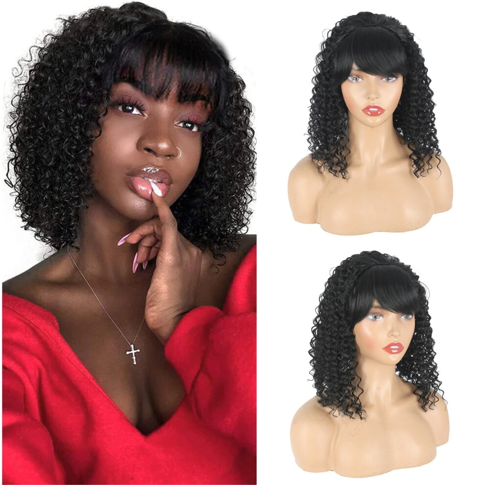 Unisex Black Short Curly Wig With Bangs For Women, Synthetic Afro Bob Wig 14Inch 1B, Heat Resistant Natural Volume