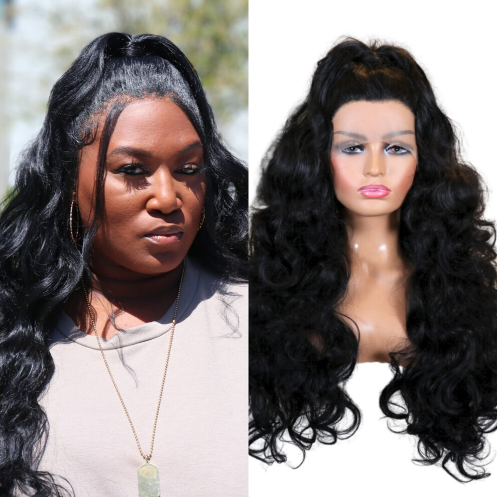 1B Black 26 Inch 13x3 Transparent Lace Front Synthetic Wig with Ponytail, Heat Resistant