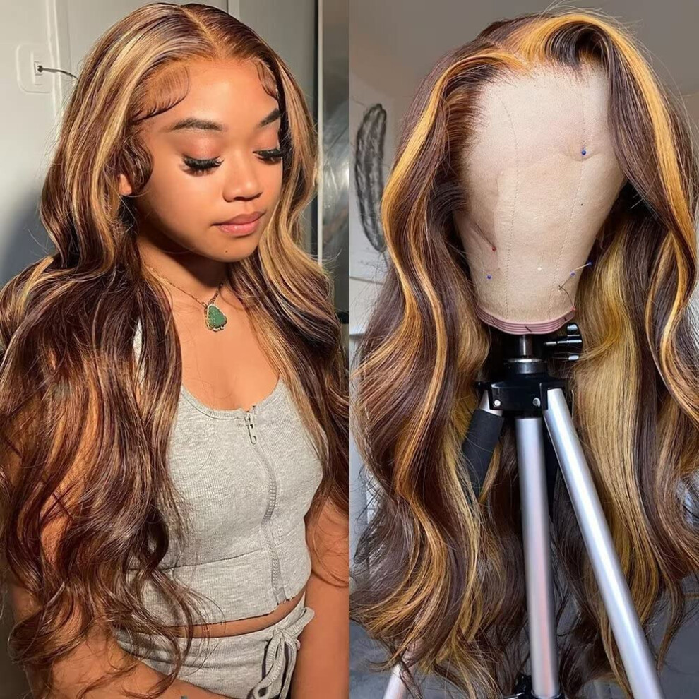 Unisex Black Honey Blonde Lace Front Wig 4/27 Ombre Highlight 24 Inch Brazilian Virgin Body Wave For Women Hd Glueless Pre Plucked Hairline 150% Density