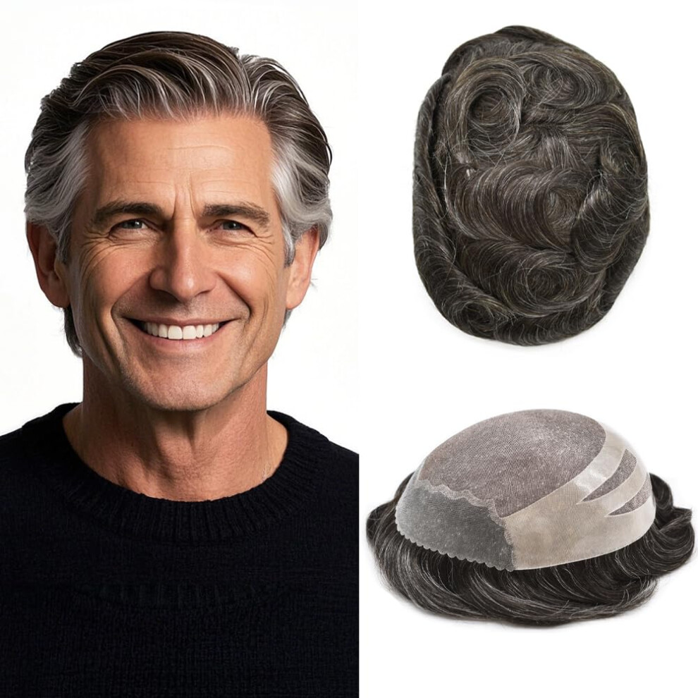 Unisex Brown Men's Hair Toupee Human Hairpiece With Poly Skin Base 8X10 Natural Hairline Light Gray