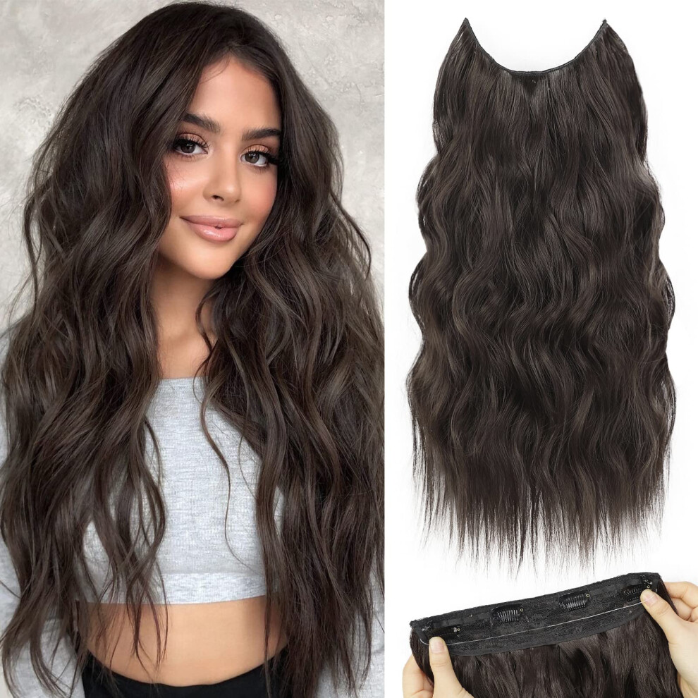 Unisex Brown Dark Invisible Wire Hair Extensions With Clips, Long Curly Wavy Synthetic Hairpiece For Women