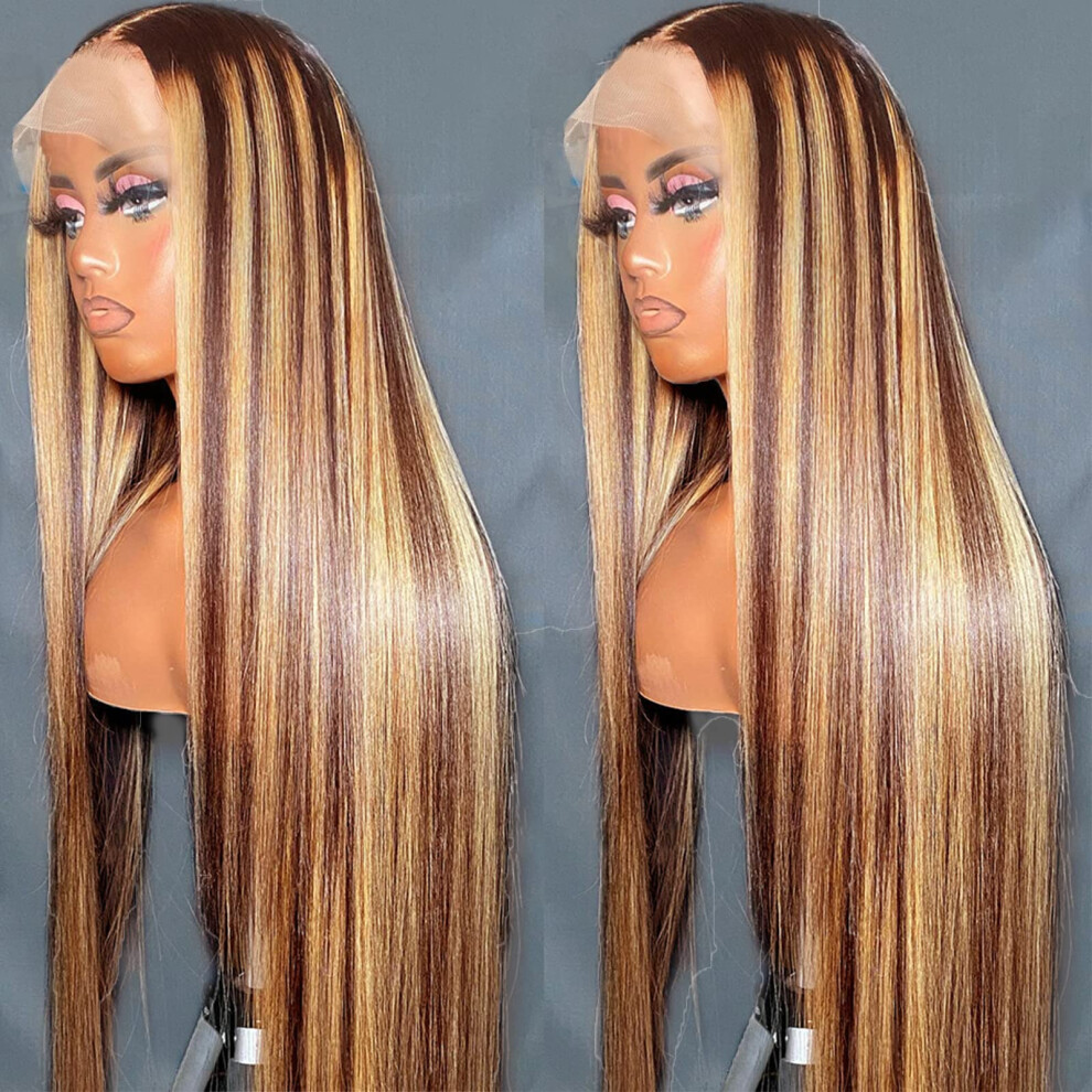 Unisex 30 Inch Straight Human Hair Lace Front Wig 13X6 Glueless Honey Blonde Ombre 200% Density