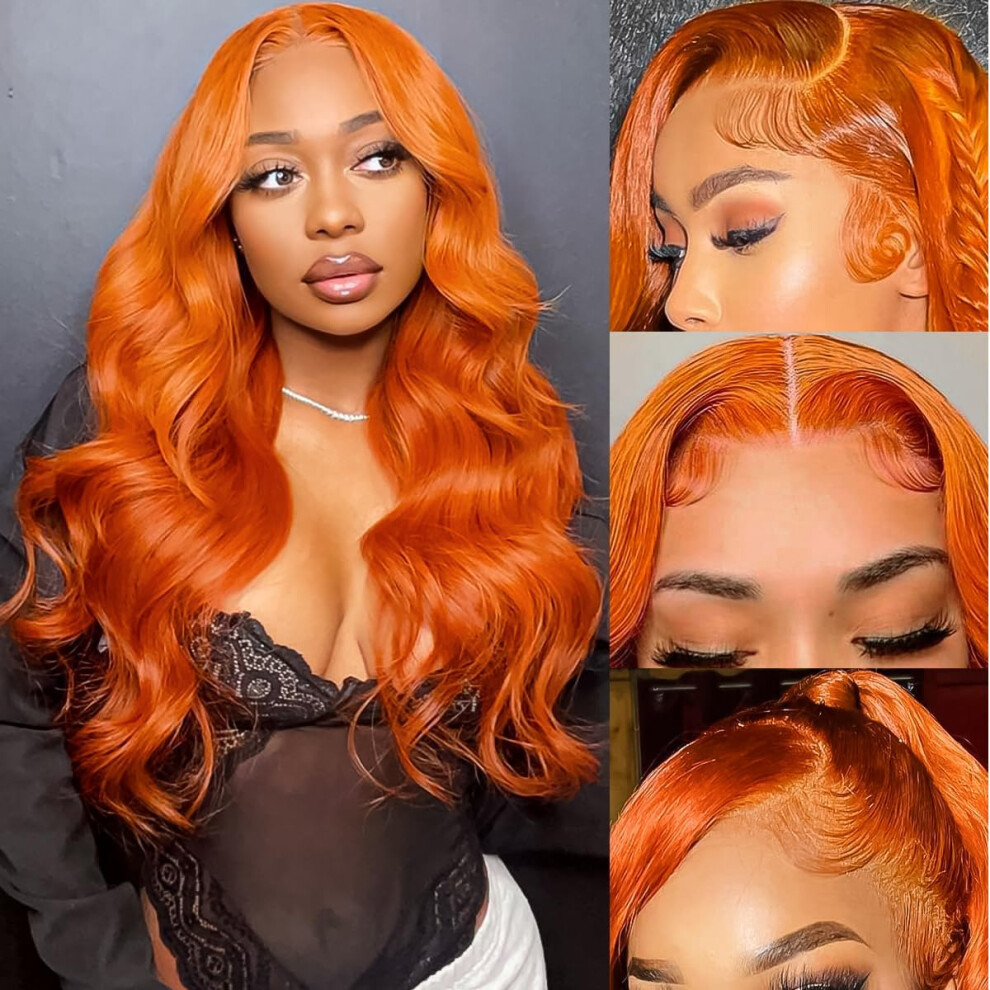 13x4 Ginger Orange Lace Front Wig Human Hair Pre Plucked HD Transparent Lace Body Wave 180% Density