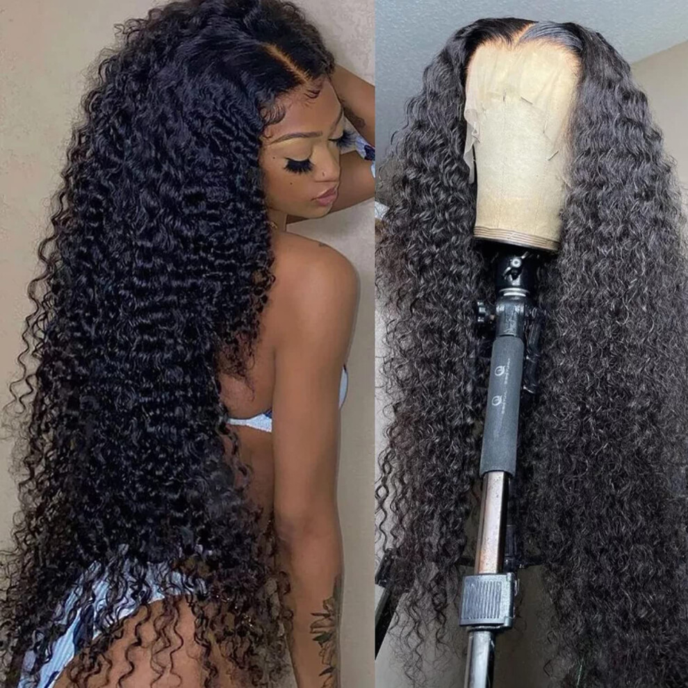 Unisex Hd Lace Front Wig 13X4 Glueless Pre Plucked Kinky Curly Human Hair 32 Inch Brazilian Virgin 150 Density