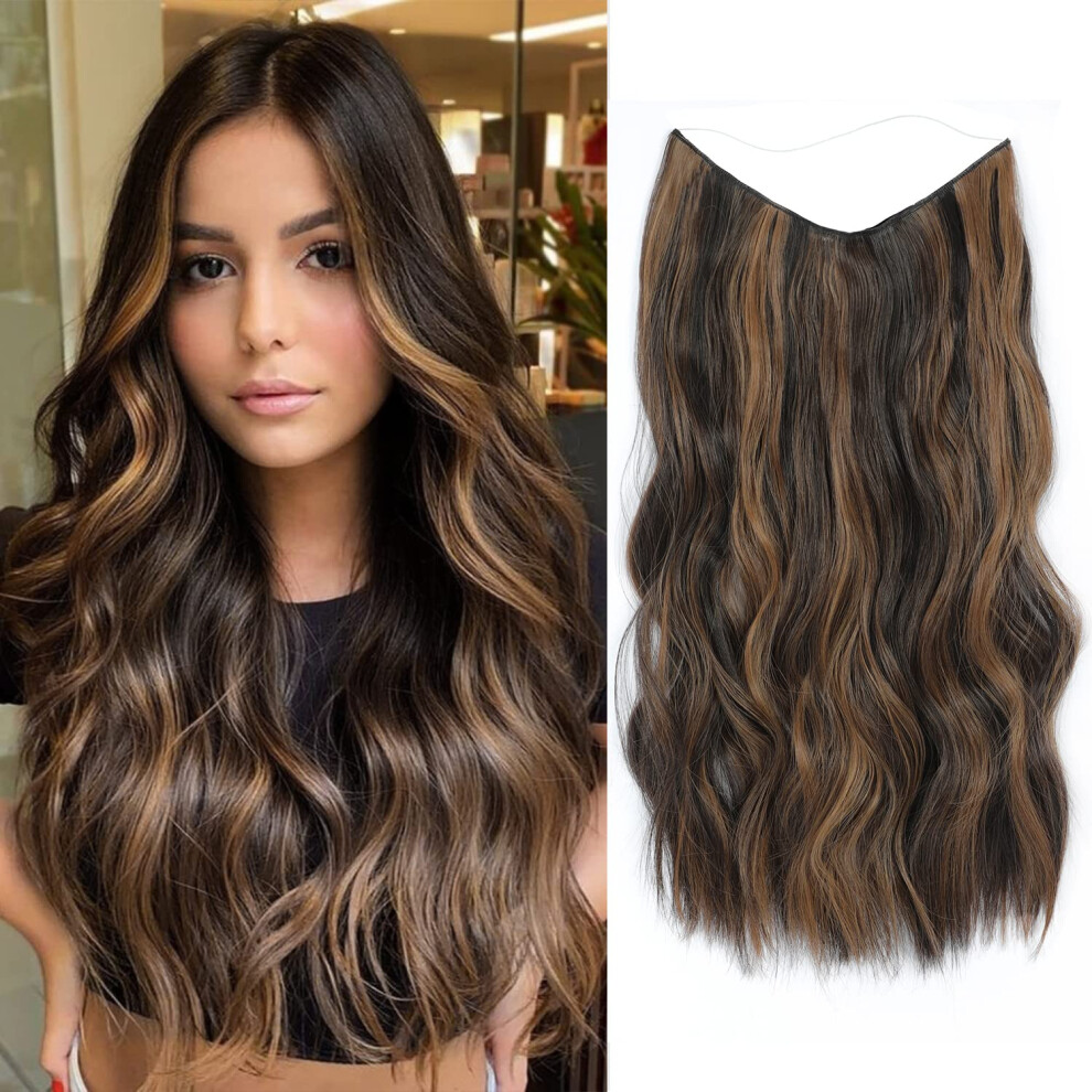 Unisex Brown Balayage Dark To Chestnut Long Wavy Wire Hair Extensions With Invisible Adjustable Headband For Women