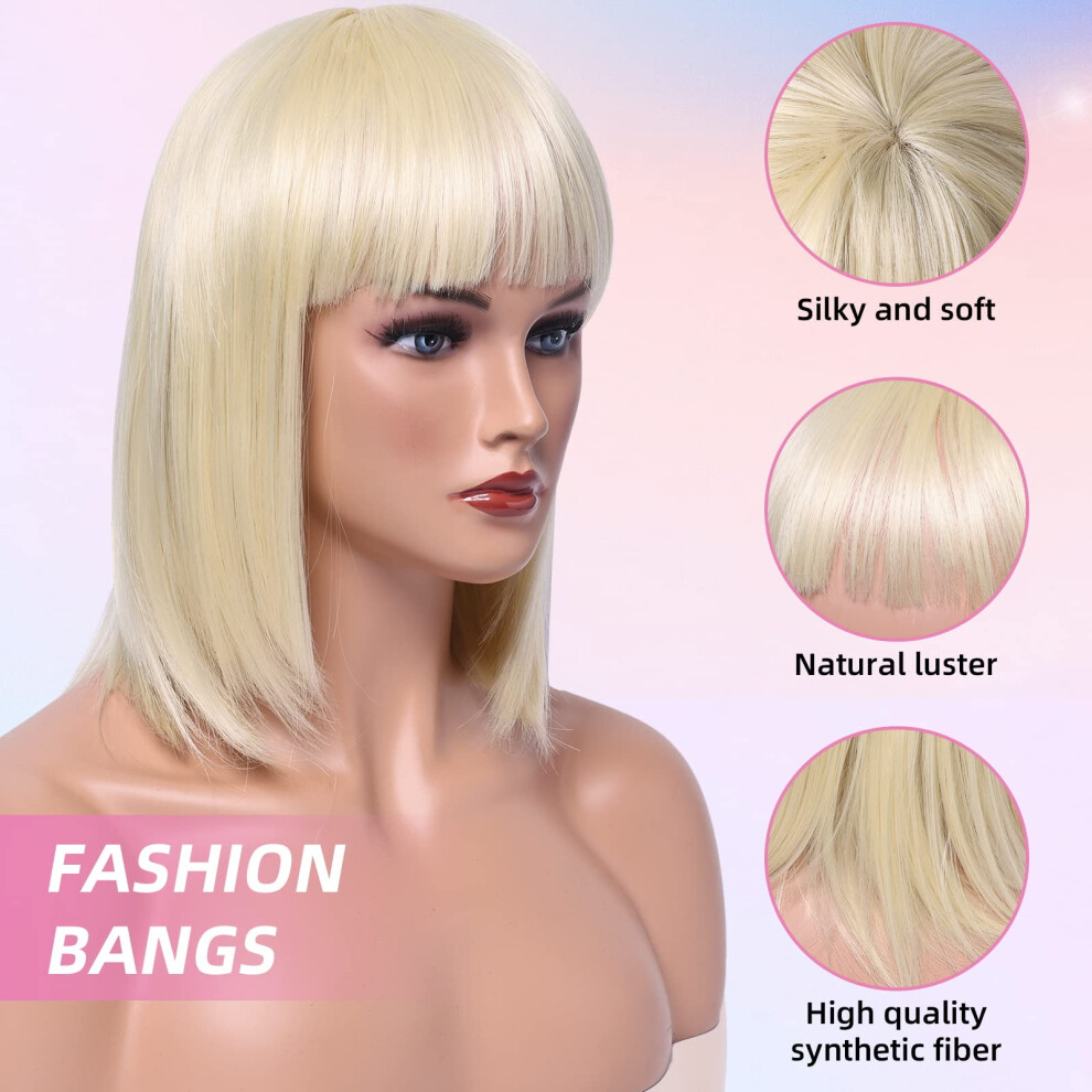 Blonde Bob Wig with Bangs 12 Inch Heat Resistant Synthetic Fiber Natural Looking for Women