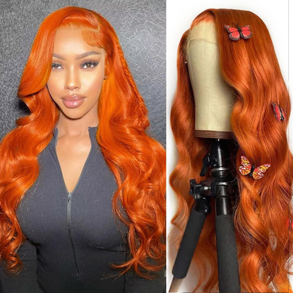 Unisex Orange Hd Invisible Lace Ginger Body Wave Wig, Preplucked Hairline, Glueless Human Hair 18 Inch