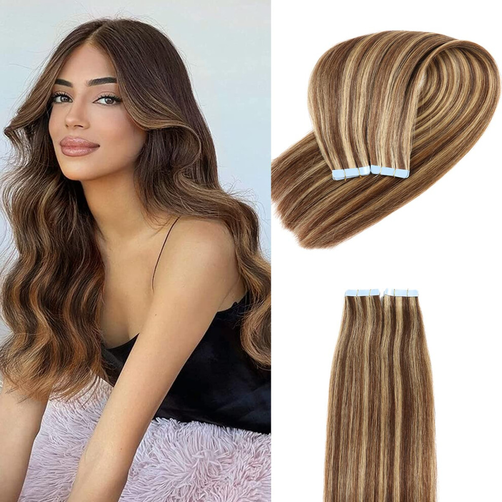 Unisex Brown Tape In Hair Extensions Natural Remy Human Hair Seamless Skin Weft Brazilian Straight 22 Inch #4P27 Medium Dark Blonde 20Pcs 50G