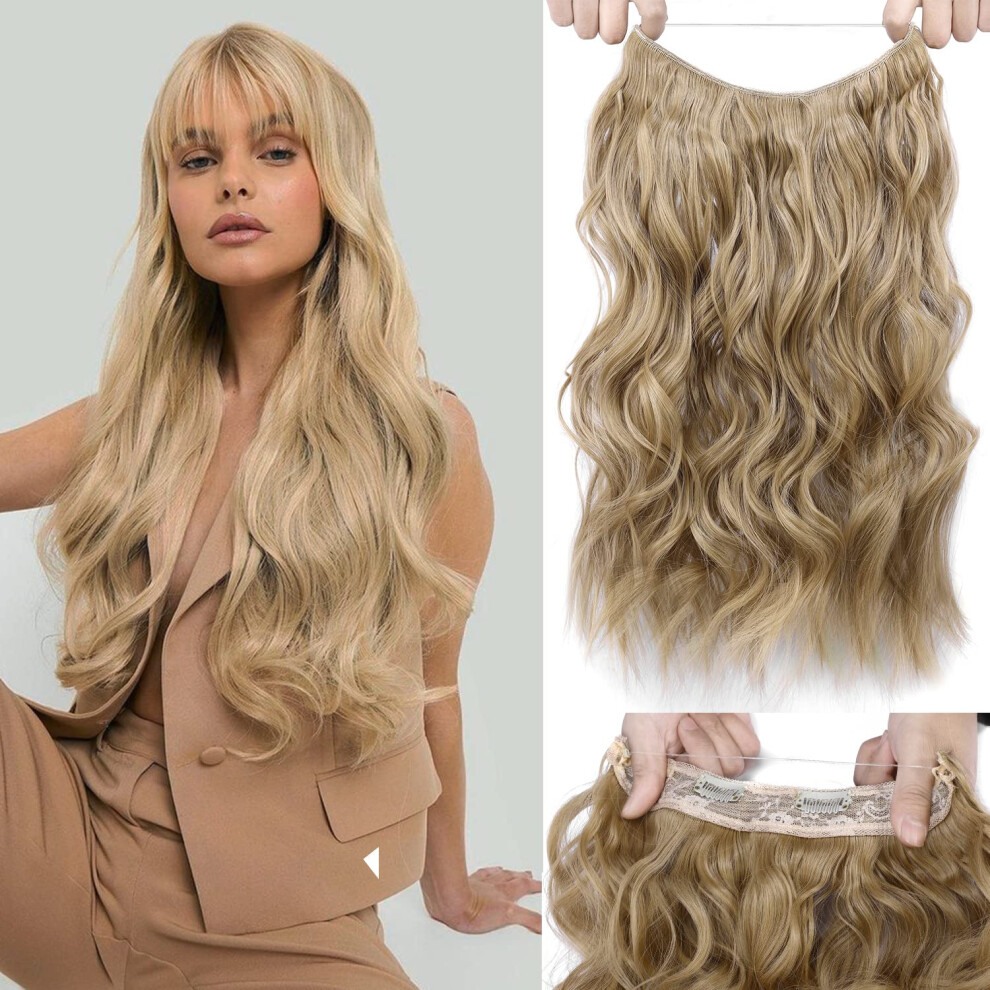 Unisex Halo Hair Extensions Wavy 18 Inch Invisible Wire With Clips Adjustable For Instant Volume Boost