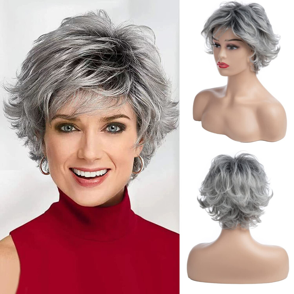 Unisex Silver,Grey Short Grey Layered Wig With Bangs For Women Ombre Silver Grey HeatâResistant Synthetic Fiber