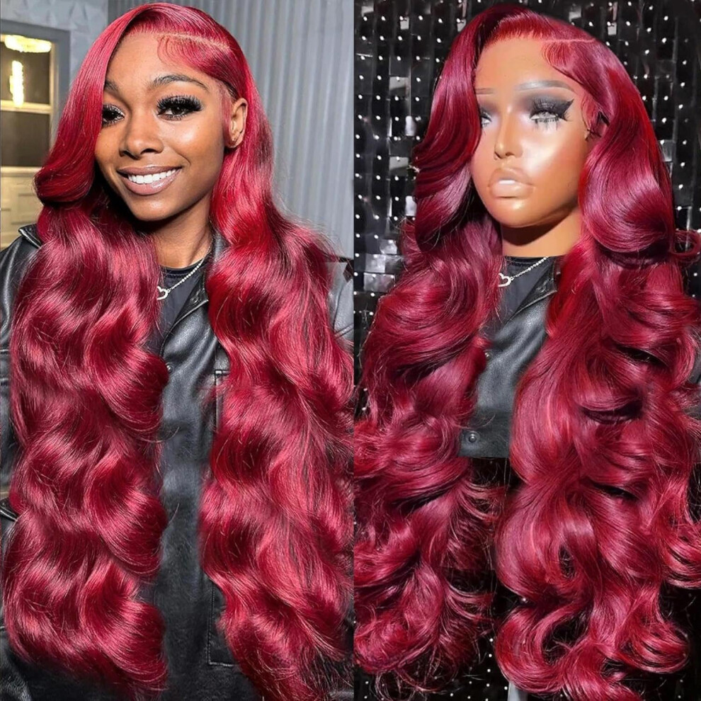 99J Burgundy Lace Front Human Hair Wig 28 Inch Body Wave HD Lace Glueless Natural Hairline 180% Density