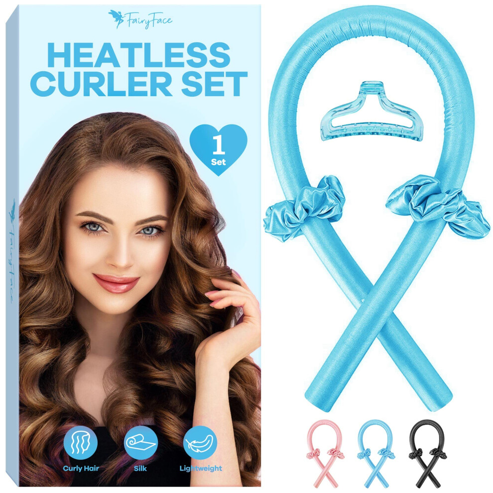 Heatless Curling Rod Headband for Long Hair, No Heat Hair Curler Satin Set with Scrunchie Blue