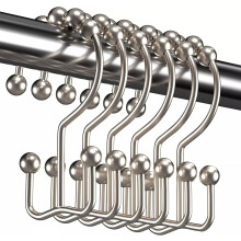 Rustproof Double Roller Shower Curtain Hooks 12 Pack, Polished Silver Metal Double Hook Rings