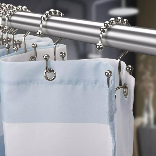 Rustproof Double Roller Shower Curtain Hooks 12 Pack, Polished Silver Metal Double Hook Rings 1