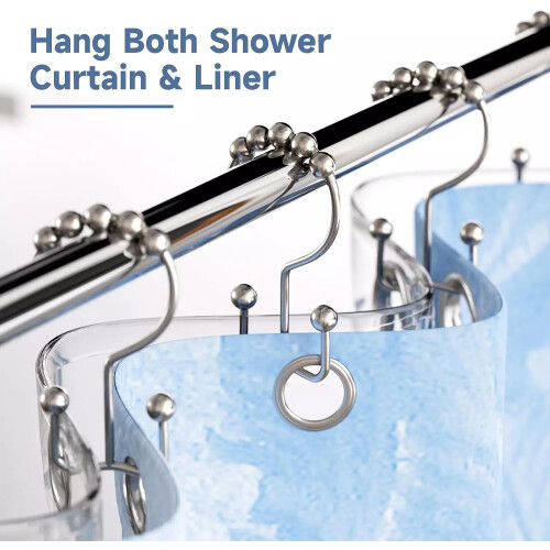 Rustproof Double Roller Shower Curtain Hooks 12 Pack, Polished Silver Metal Double Hook Rings 2