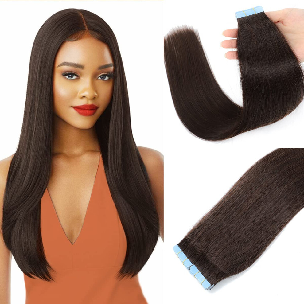 Unisex Brown Tape In Hair Extensions Remy Human Hair 16 Inch #2 Dark Brazilian Virgin Straight Seamless Invisible Skin Weft 20Pcs Set