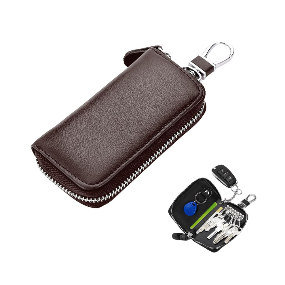 Leather Car Key Holder With Zipper, Durable Cowhide Key Case Wallet With 6 Hooks For Smart Keys Coffee 9113335635692