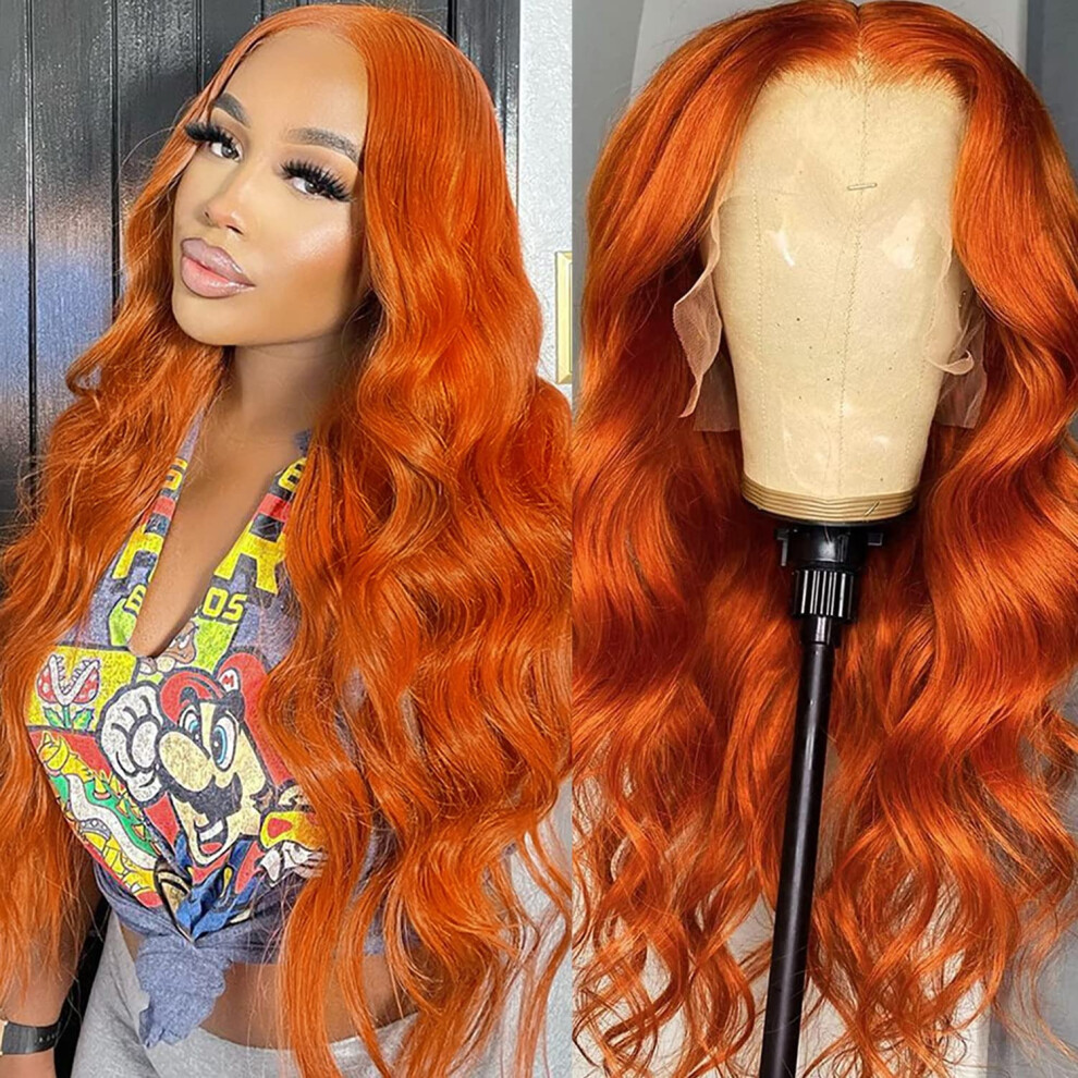 Unisex Orange 24 Inch Ginger Lace Front Wig Human Hair, 13X6 Transparent Glueless Body Wave, Natural Hairline 150% Density