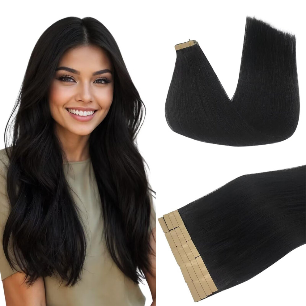 Unisex Black 20 Inch Jet Tape In Hair Extensions 100% Remy Human Hair Seamless Skin Weft Straight Reusable