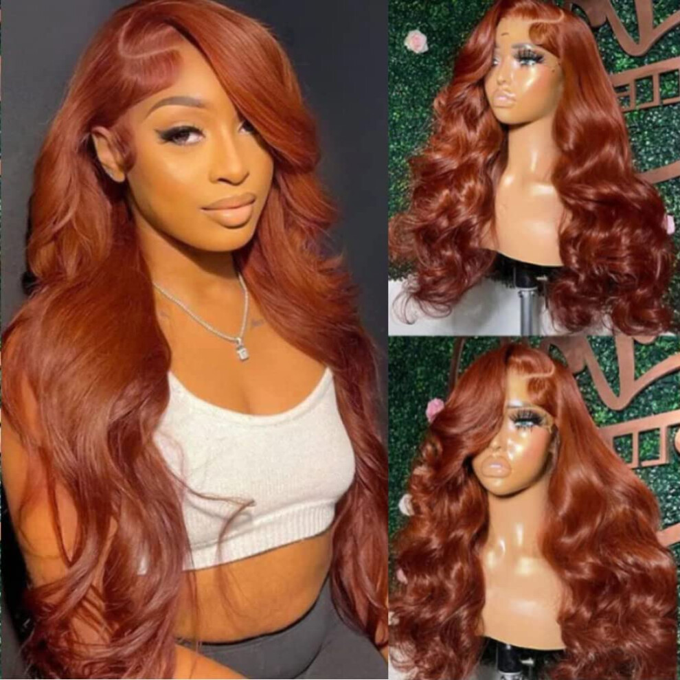 Unisex Brown Copper Body Wave Lace Front Human Hair Wig 13X4 Glueless Brazilian Highlight 26 Inch Natural Hairline