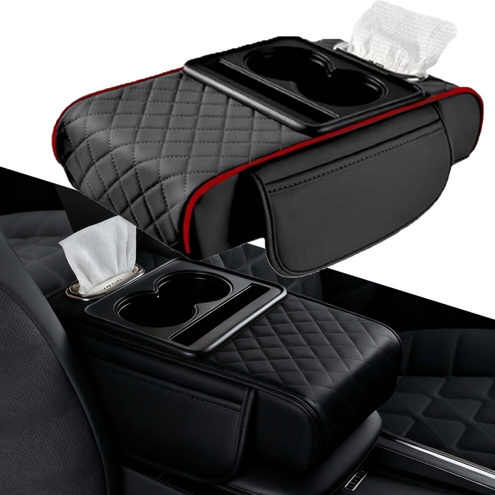 Car Armrest Organizer Pu Leather Center Console Cover 5In1 Storage With Cup Holder Black/Red 9113335635821