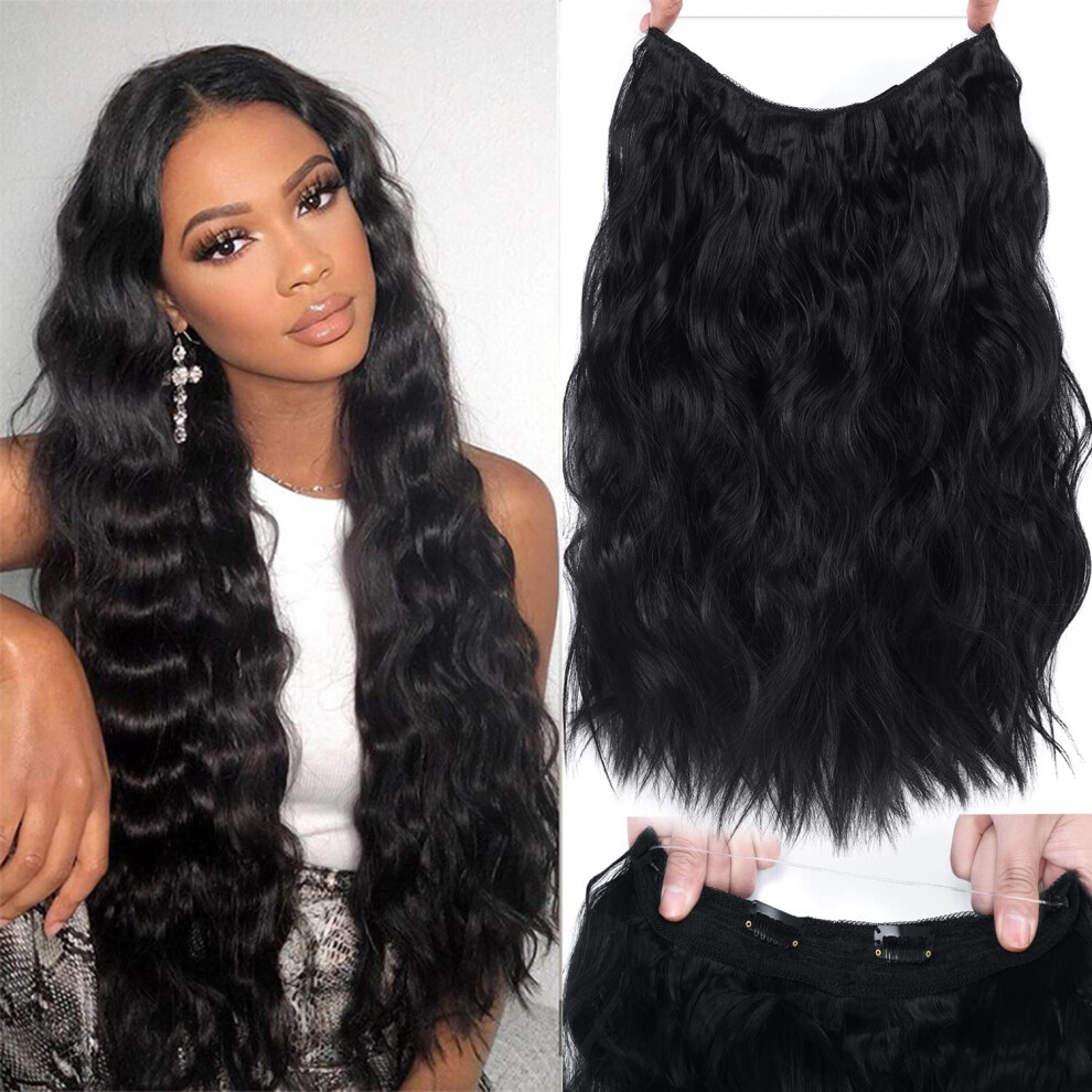 18 Inch Dark Brown Wavy Halo Hair Extensions with Invisible Wire Design, Adjustable Fit and Secure Clips