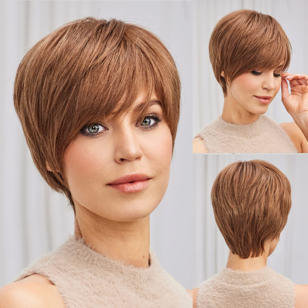 Unisex Brown Short Toasted Human Hair Pixie Cut Wig With Bangs Glueless Lightweight For Women
