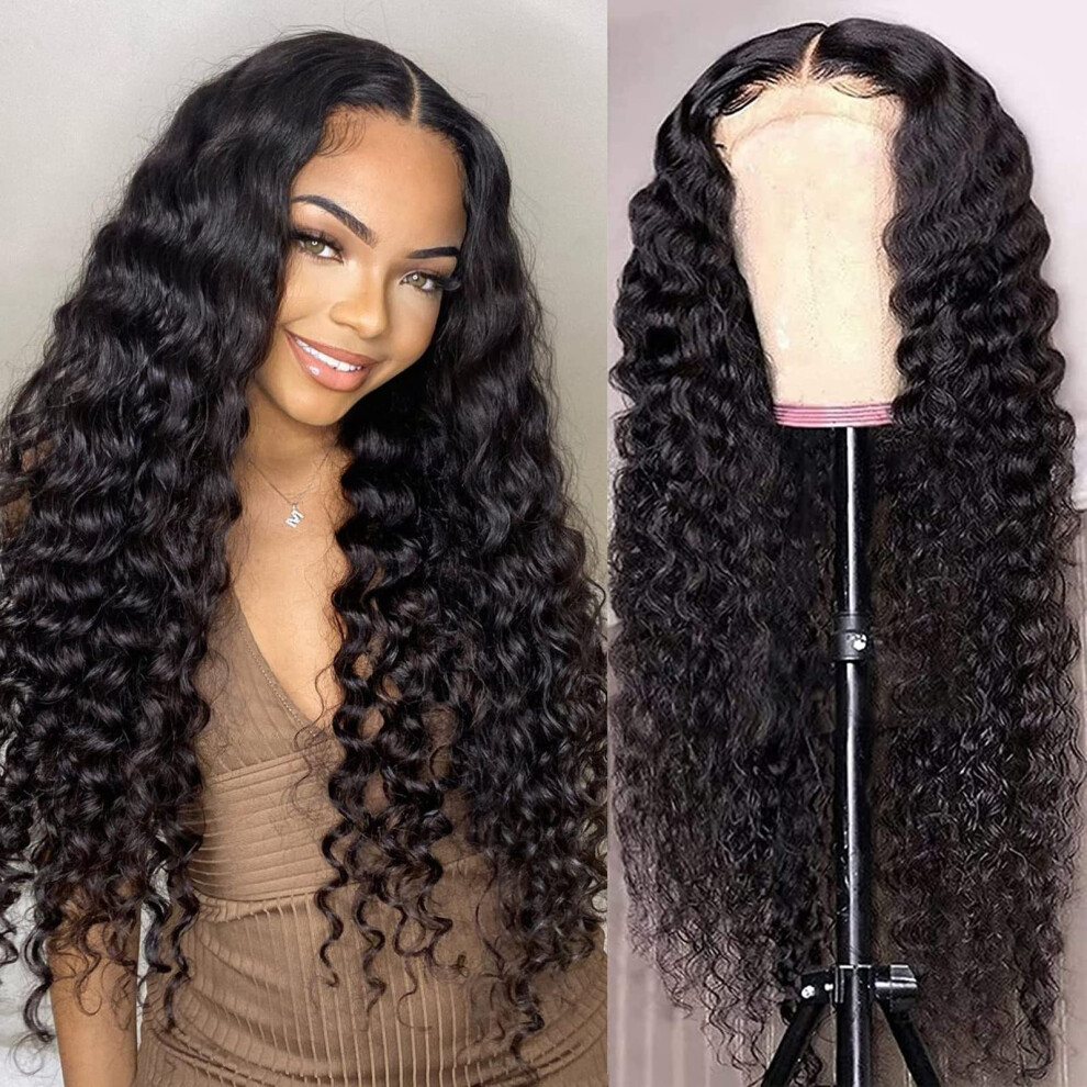 Unisex Glueless Water Wave Human Hair Lace Front Wig 20 Inch Pre Plucked Transparent Lace Natural Hairline
