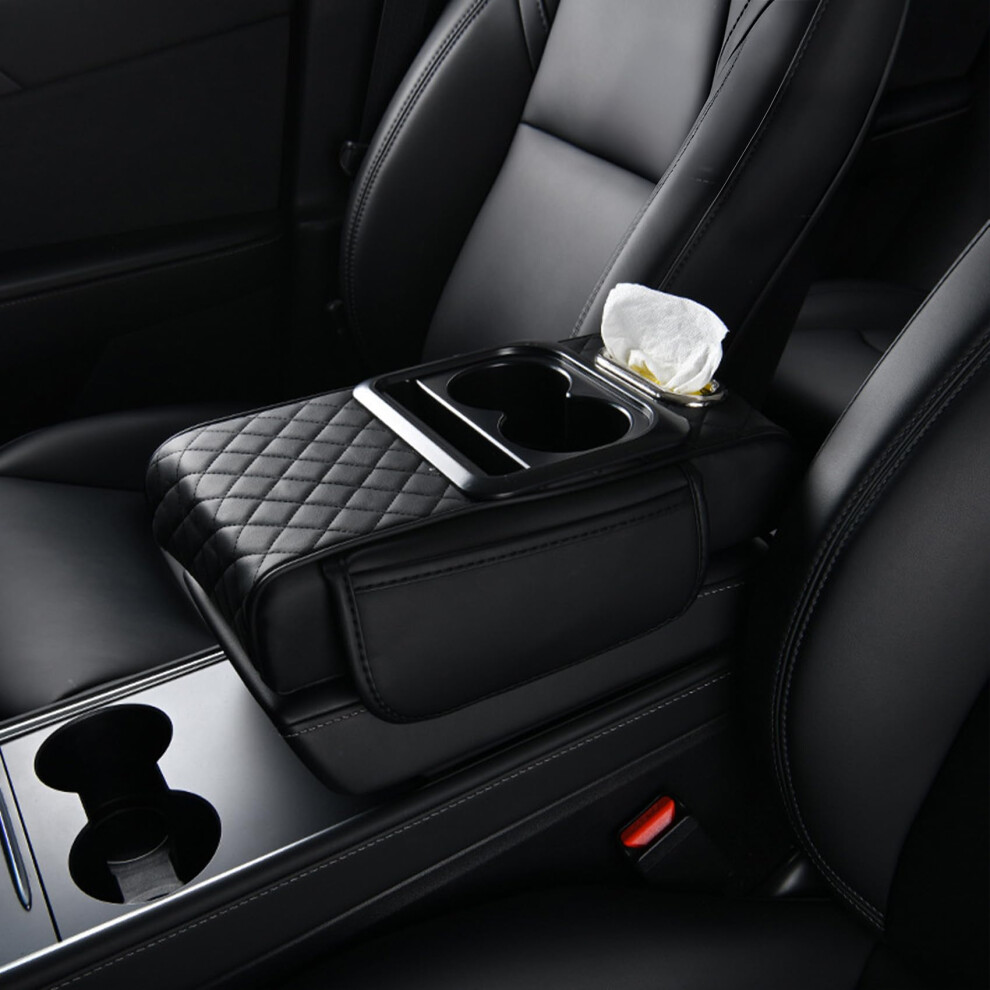 Car Armrest Cushion Pu Leather Pad With Storage Pockets Phone Slot Tissue Holder Black 9070919844379