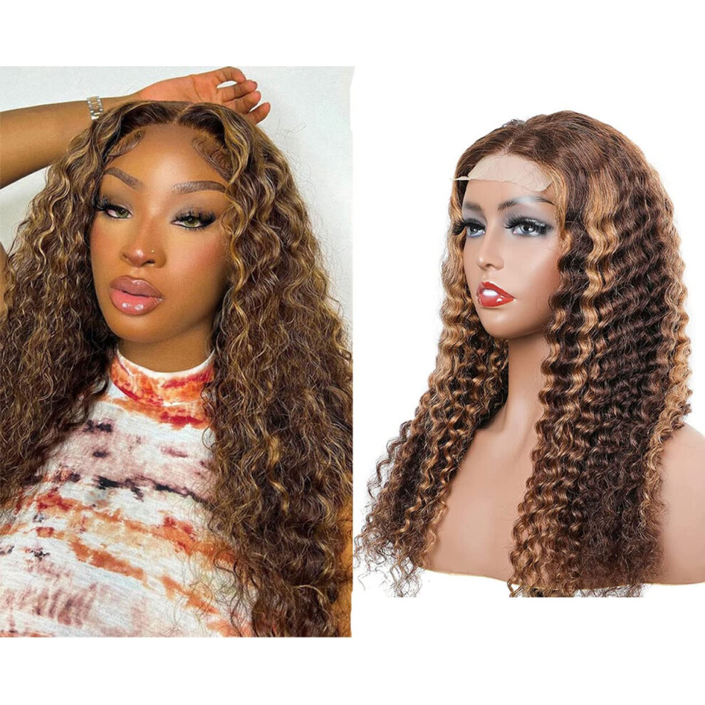 Unisex Brown P4/27 Highlight Curly 4X4 Lace Front Brazilian Remy Human Hair Wig With Baby Hair 18 Inch