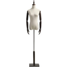 Professional Female Dress Form Mannequin with Solid Wood Arms and Base, Small Dark Brown Linen