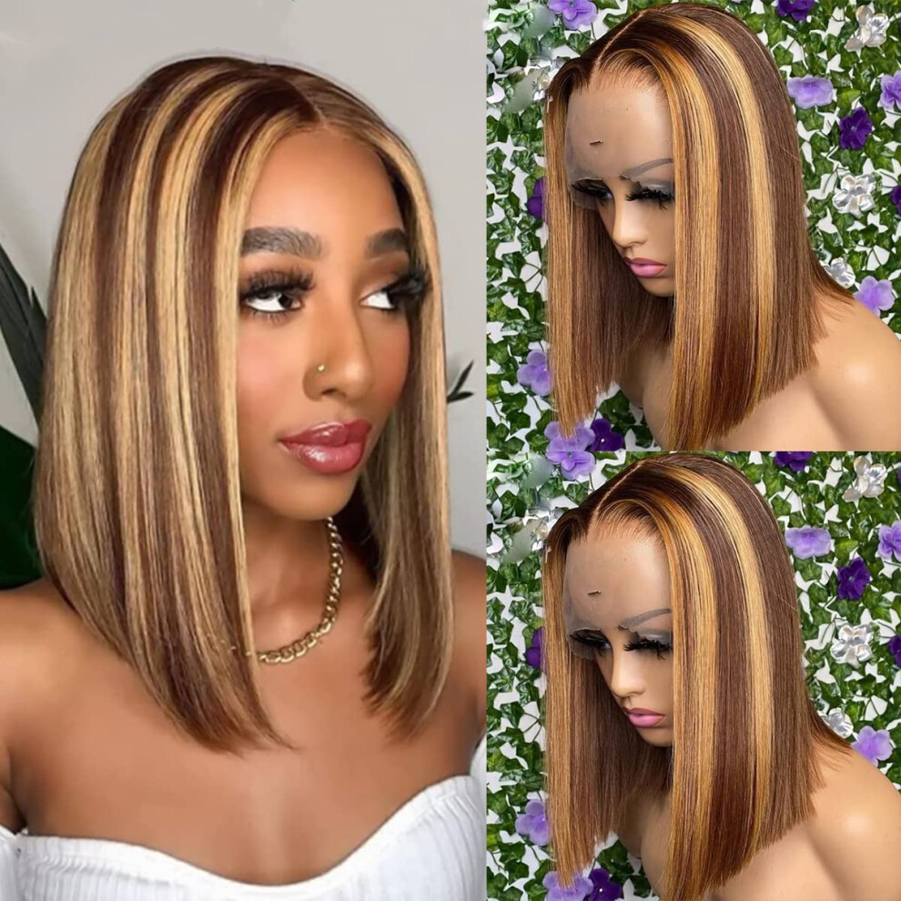 Unisex Brown Ombre Bob Lace Front Wig Human Hair 13X4 Hd Transparent Lace Pre Plucked Hairline Honey Blonde 12 Inch
