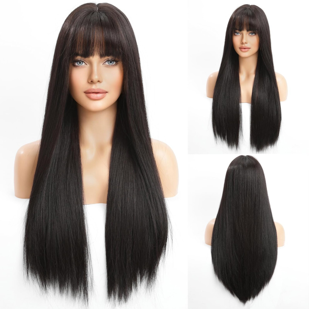 Unisex Black Long Straight Wig With Bangs For Women, Heat Resistant Synthetic Hair, Natural Look