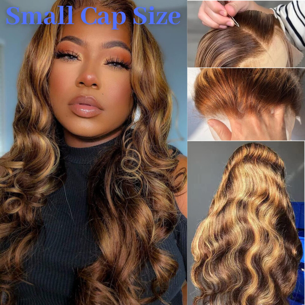 Unisex Honey Blonde Highlight Human Hair Lace Front Wig 13X4 Small Cap Body Wave Ombre Preplucked Natural Hairline 18 Inch