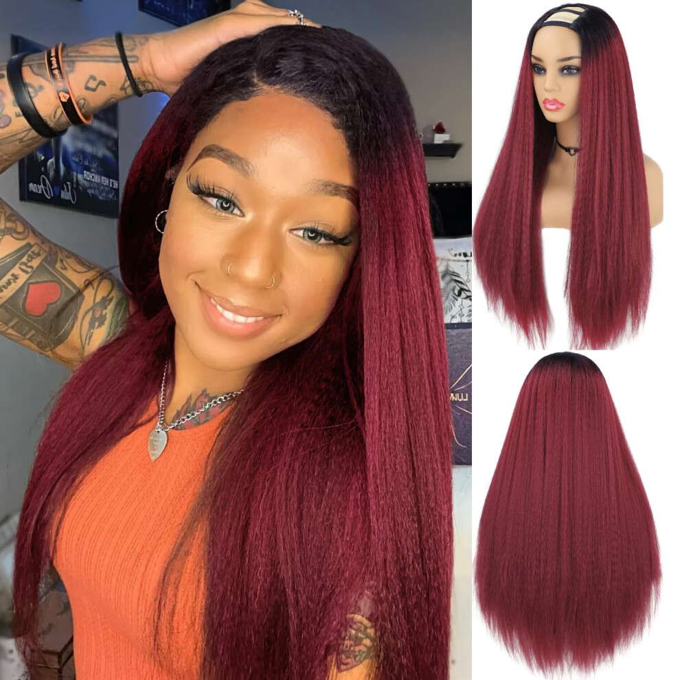 Unisex Black Kinky Straight U Part Wig For Women 26 Inch Yaki Straight Synthetic Hair Natural Hairline 1B/Bug