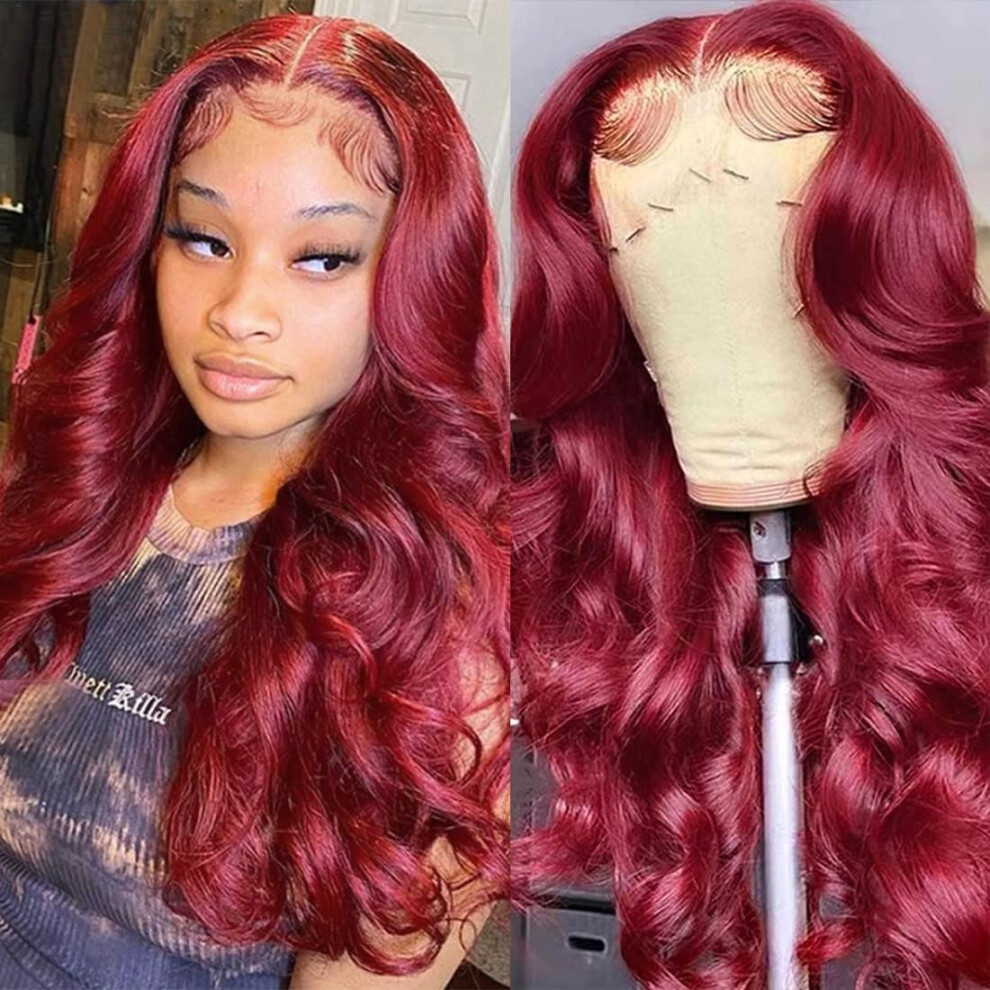 99J Burgundy Body Wave Lace Front Wig Human Hair, HD Transparent Lace, Pre Plucked Hairline, 180 Density