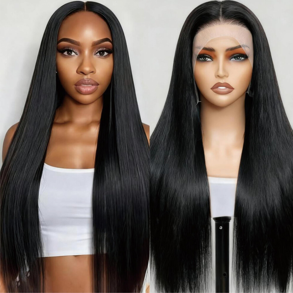 Unisex Black 26 Inch Brazilian Virgin Human Hair Lace Front Wig 13X4 Hd Frontal For Women, Pre Plucked Natural Hairline