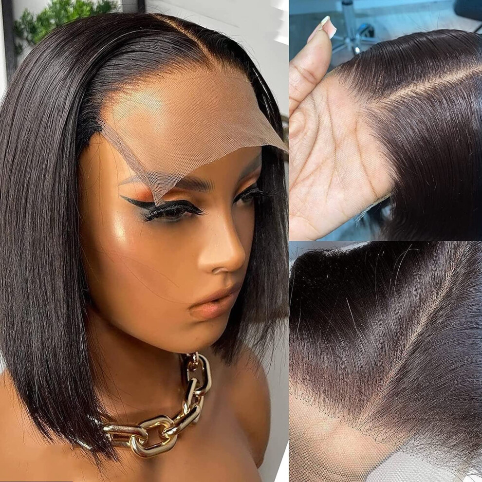 Human Hair Bob Wig 4x4 Transparent Lace Front Pre Plucked Middle Part Virgin Remy Hair 150 Density Natural Black