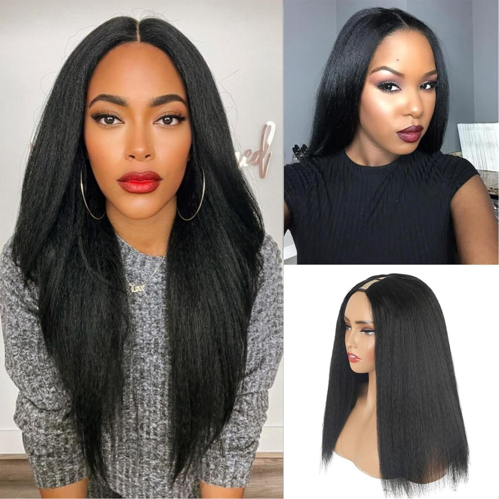 Kinky Straight V Part Wig for Black Women Glueless Synthetic Hair Natural Hairline Upgrade U Part