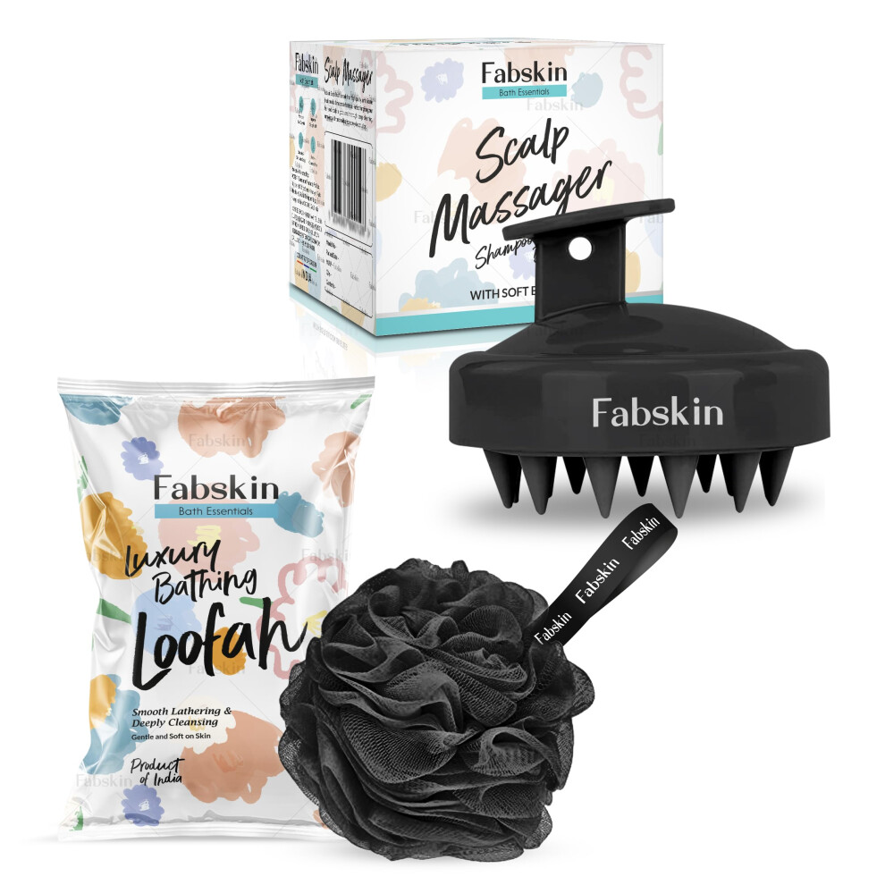 Black Bath Loofah And Scalp Massager Shampoo Brush Combo For Gentle Exfoliation And Deep Cleansing
