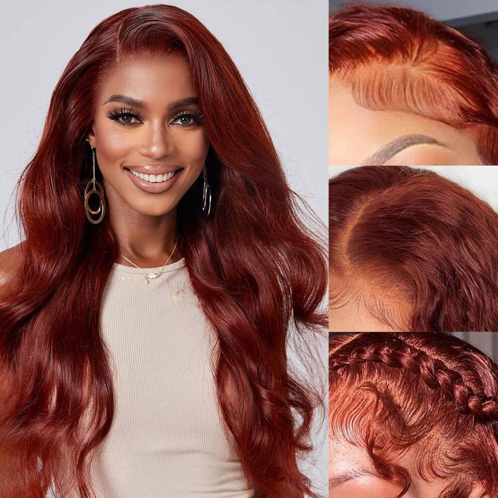 Unisex Brown Reddish Body Wave Human Hair Lace Front Wig 13X4 Hd Glueless Preplucked Natural Hairline