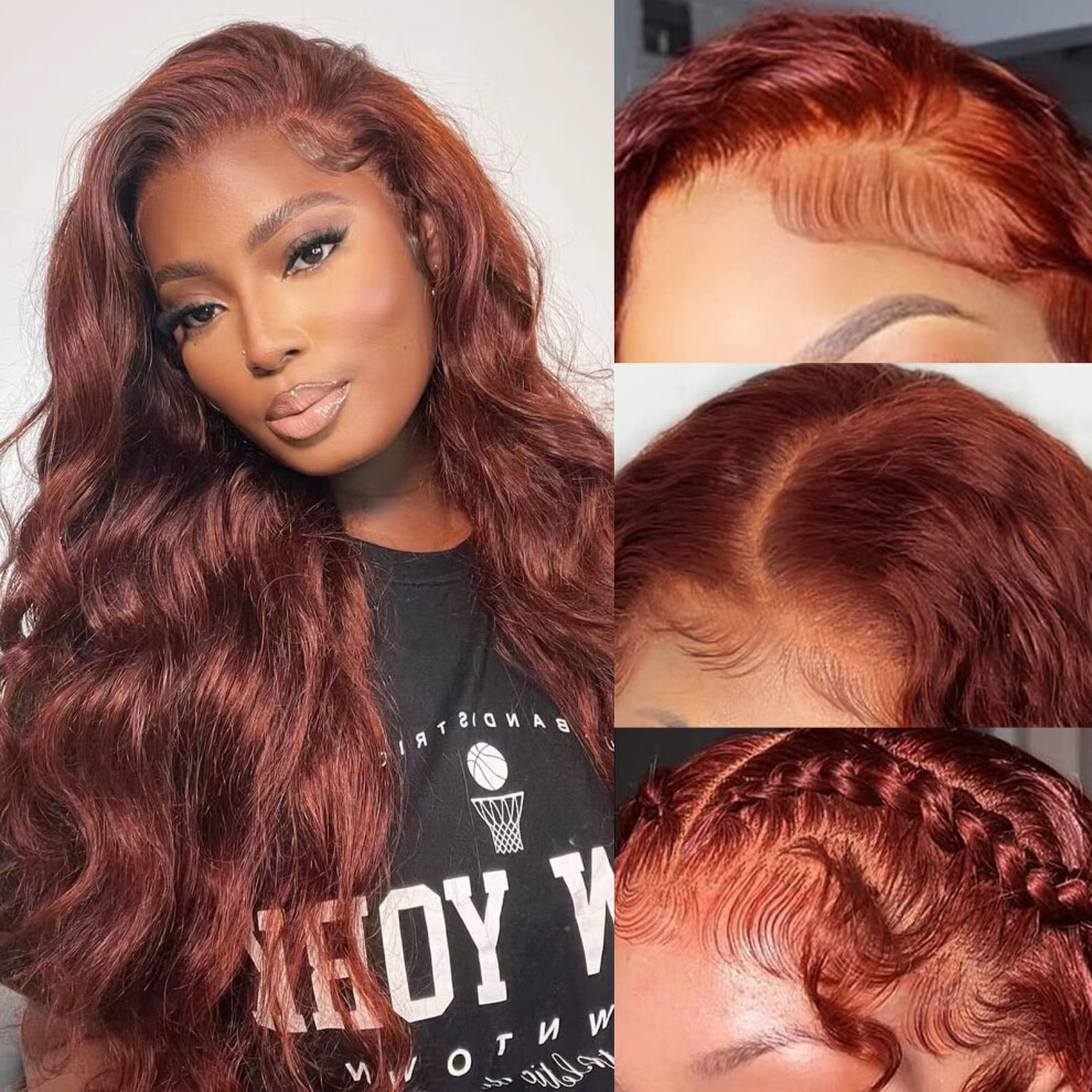 Unisex Brown Reddish Human Hair Lace Front Wig Body Wave 180% Density Pre Plucked Glueless 13X4