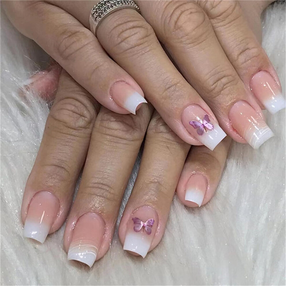 24pcs Aurora Butterfly Gradient Square Press On Nails for Women, LongLasting Color and Instant Salon Look