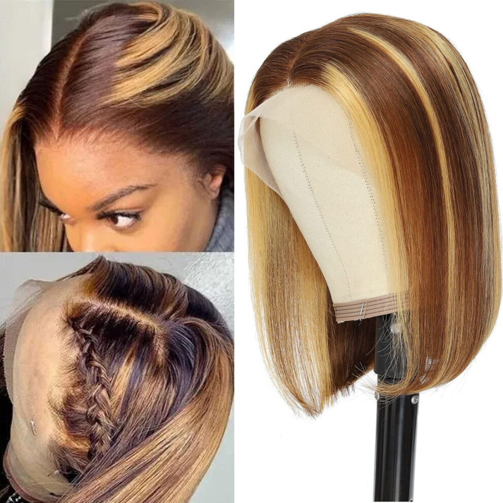 Unisex Black Honey Blonde Bob Wig Human Hair 13X4 Lace Front Pre Plucked Ombre Highlight For Women