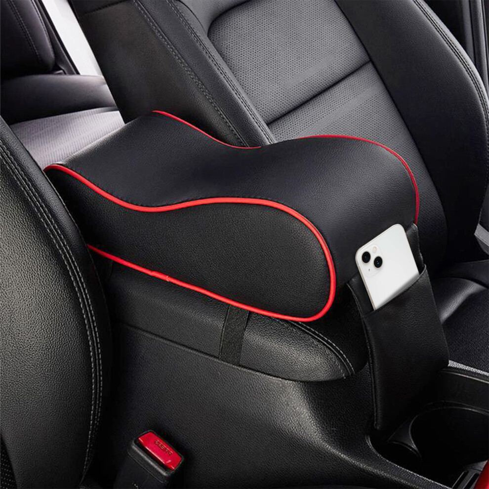 Car Armrest Cushion Leather Memory Foam With Storage Bag, Universal Center Console Cover And Black/Red 9070919845000