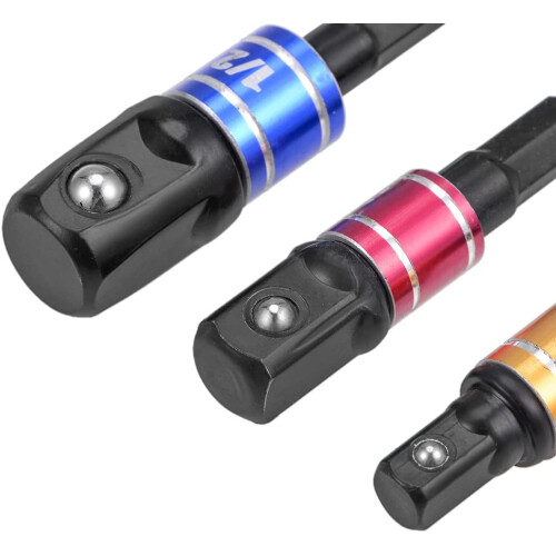Impact Socket Adapter Set 1/4 3/8 1/2 Inch Hex Shank for Power Drill, Rust Resistant, 3 Pcs Black 1
