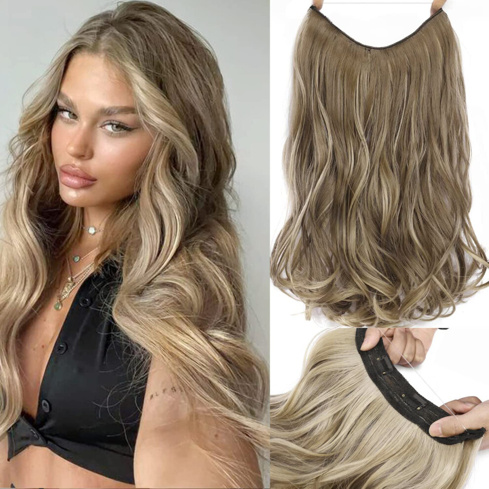 Unisex Brown Invisible Wire Halo Hair Extensions For Women 18 Inch Thick Wavy Curly Heat Resistant Fiber With Clips Ash Mix Ash Blonde